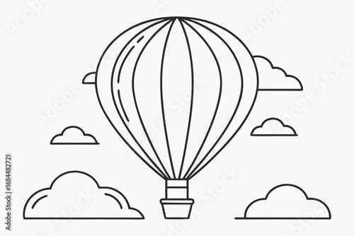 Outline drawing of a hot air balloon floating among stylized clouds airship flight