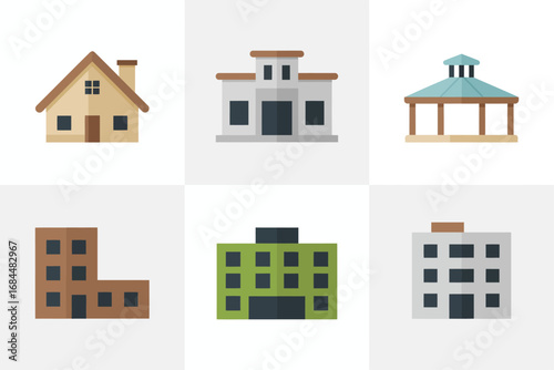 Urban block and apartment icons, multi story residential buildings, compact city lot structures, office use, facade windows, isometric property elements