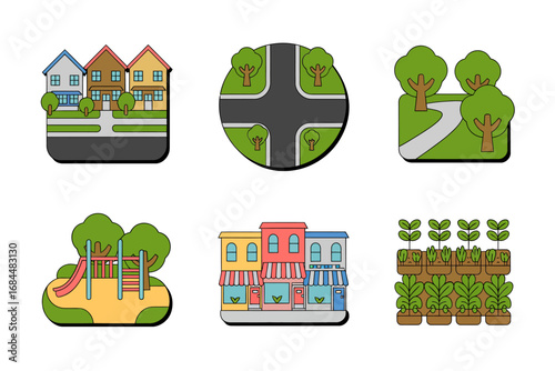 Community park and playground icons, residential houses, tree lined streets, vegetable garden plots, benches, recreation area, neighborhood amenity graphics pack