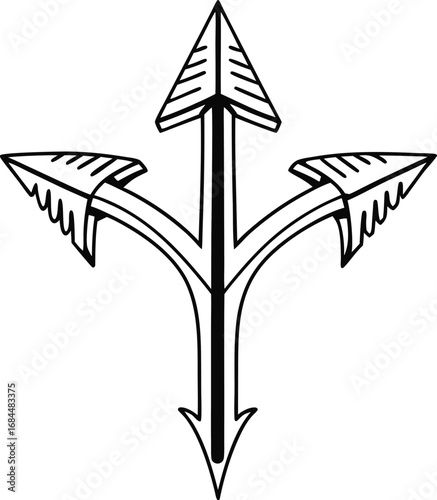 Split arrow that forks into three directions, outline.