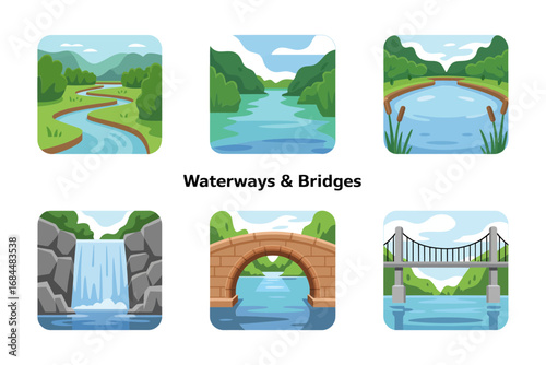 City map road tile set, modular street segments, intersections, curved roads, junctions, blocks, greenery strips, urban planning icons for designers