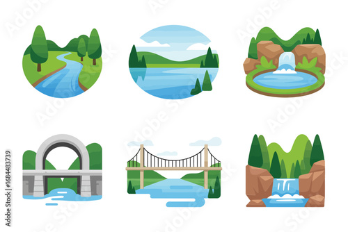 Round town map icons set, circular block tiles, park lake, roundabout junction, four way intersections, residential clusters, city modules