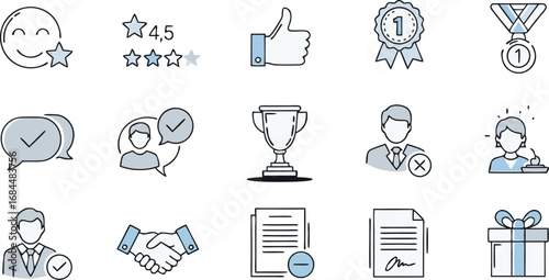 Celebrate success with awards, ratings, and positive feedback icons for business achievement and recognition.