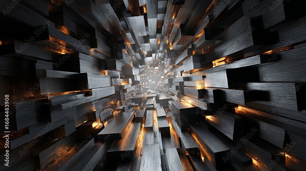 Obraz premium Abstract 3d render of a futuristic tunnel with metallic blocks and glowing lights, creating a modern and industrial perspective