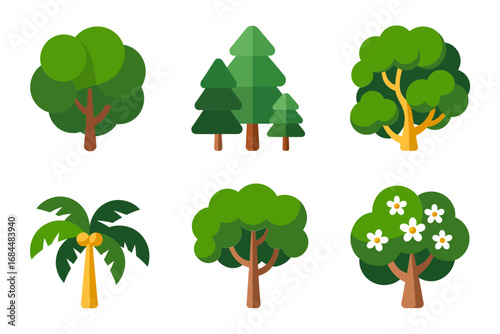 Lush green tree icons, deciduous and evergreen silhouettes, canopy shapes for parks and gardens, vector foliage elements, landscape illustration set