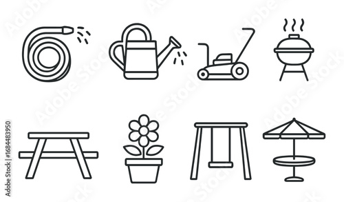 Garden and patio equipment: hose, watering can, lawn mower, grill, picnic table, flower, swing set, umbrella