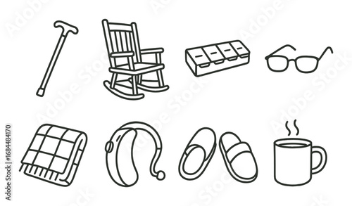 Essential items for elderly comfort: cane, rocking chair, blanket, slippers, glasses, hearing aid, hot drink