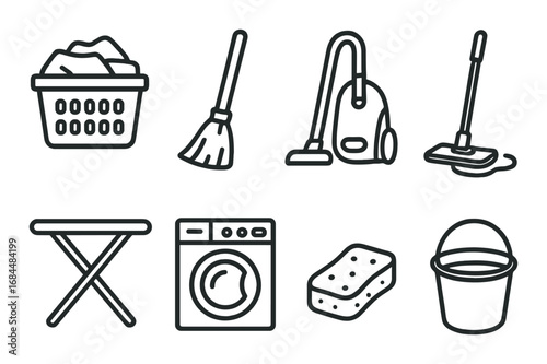 Home cleaning essentials: broom, vacuum, mop, laundry basket, and more icons