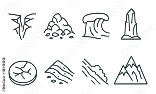 Symbols of natural disasters: earthquake, landslide, tsunami, volcano, drought, erosion, hurricane, avalanche