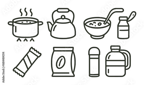 Kitchen utensils and food icons on brown background