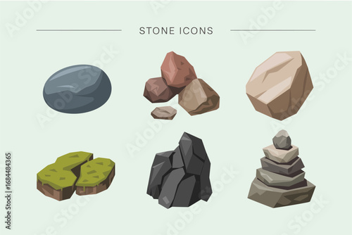 Stone icon illustration set, flat vector rocks and pebbles, balanced cairn symbols, decorative nature elements, neutral modern palette, smooth shading