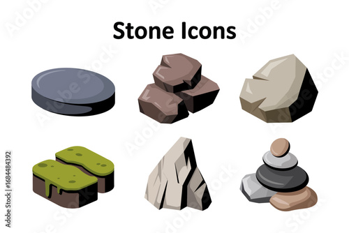 Stone icons collection, decorative rock and moss illustrations, pebble shapes, layered cliff pieces, stacked cairn elements, nature inspired vector set