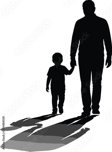 Father and Son Silhouette Holding Hands, Walking Together in Shadow