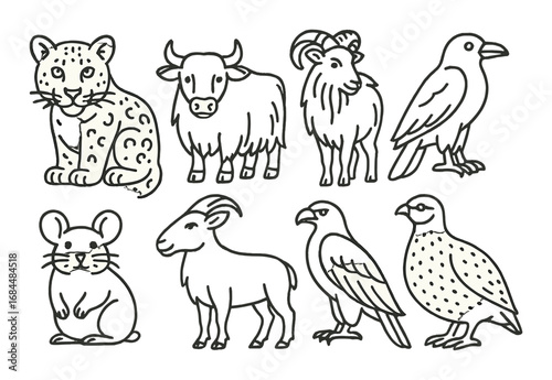 Minimalist animal illustrations: snow leopard, yak, goat, raven, mouse, ibex, falcon, guinea hen