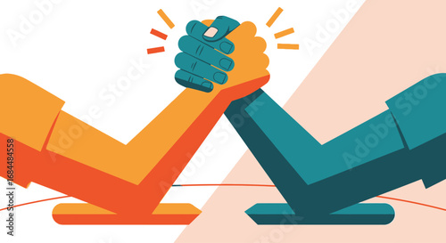 Stylized illustration of a fierce arm wrestling competition between two opponents.