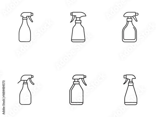Set of Cleaning Spray Bottle Outline Icons Vector Illustration for Disinfection and Surface Sanitization Products
