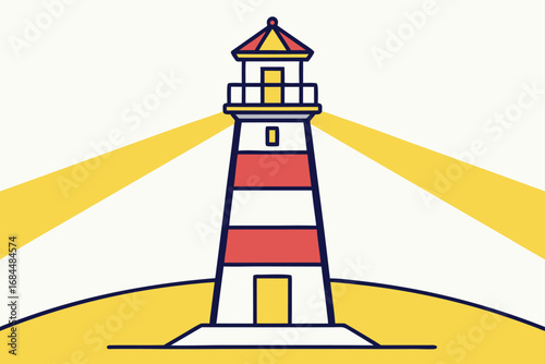 Red and White Striped Lighthouse with Yellow Beams on White Background beacon navigation