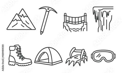 Mountaineering icons: gear and equipment for ice climbing adventures