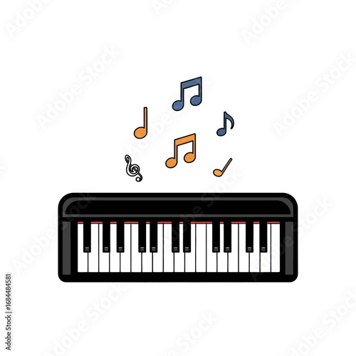 Whimsical keyboard composition with floating musical notation expressing creativity