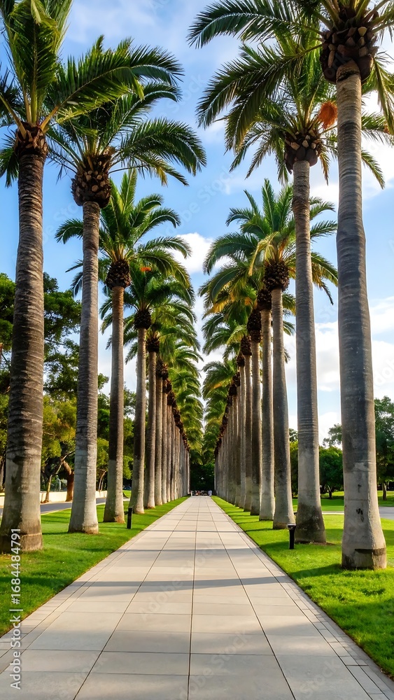 Fototapeta premium A neatly paved walkway, lined with tall palm trees, stretches into the distance under a partly cloudy sky.