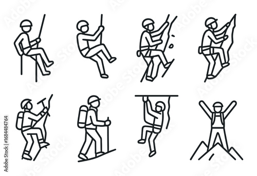 Outline illustrations of climbers engaging in various rock climbing activities