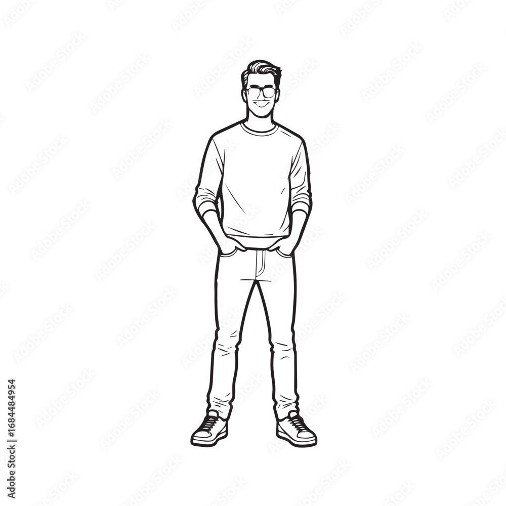 Fototapeta premium Handsome Man Black and White Illustration Vector Image Male Portrait Fashion Sketch Line Art Design