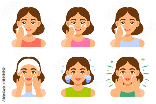 Gentle facial cleansing expression icons, women using cleanser toner and mask, joyful skincare steps, headband poses, beauty routine vector set