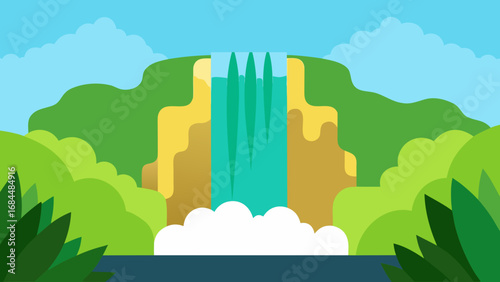 Discover a Cascading Waterfall in Jungle Lush Nature Vector Illustration