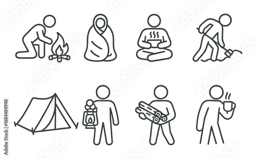 Outline pictograms of camping activities including campfire, tent, and cooking
