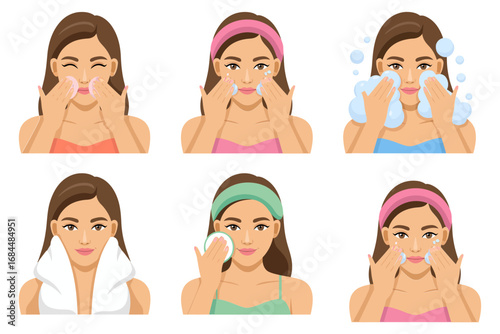 Skincare stepwise facial care icons, women massaging applying cream removing makeup with cotton pads, calming beauty routine vectors