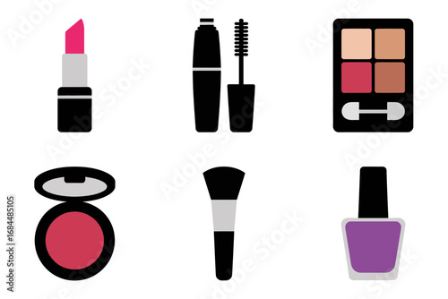 Minimal makeup icon set, lipstick mascara brush compact shadow blush bottle nail polish, simple flat beauty silhouettes, cosmetic vector icons