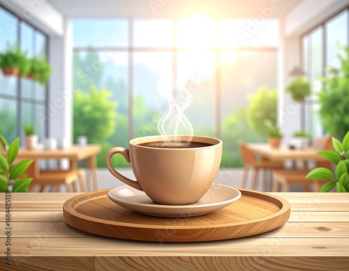 Wallpaper Mural A steaming cup of coffee on a wooden tray Torontodigital.ca