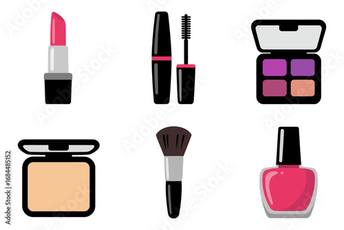 Makeup cosmetics vector pack, lipstick mascara brush compact powder eyeshadow palette nail polish blush brush set, flat beauty icons