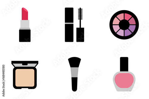 Minimalist makeup icon set, lipstick tube mascara wand powder blush compact brush eyeshadow palette nail varnish bottle, modern beauty graphics