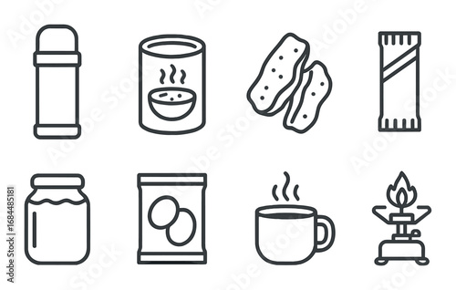 Gray outline icons of camping food items on dark background