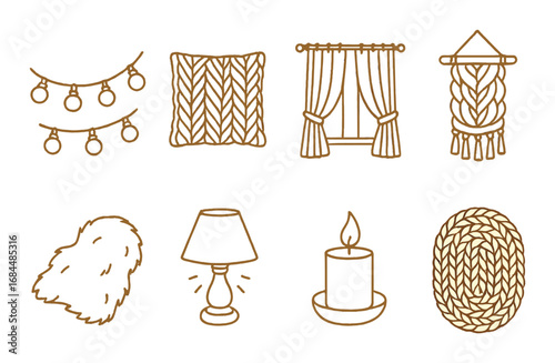 Cozy interior decor elements: string lights, pillow, curtains, macrame, rug, lamp, candle, woven mat