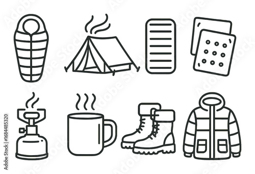 Essential camping gear icons: sleeping bag, tent, backpack, stove, coffee mug, boots, jacket