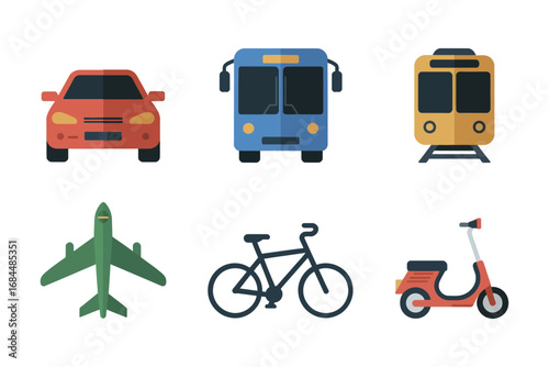 Travel and transport vector illustration pack, airplane scooter bus train car bike, mobility icons flat simple urban journey elements design