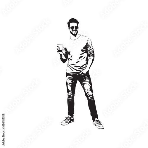 Handsome Man Black and White Illustration Vector Image Male Portrait Fashion Sketch Line Art Design