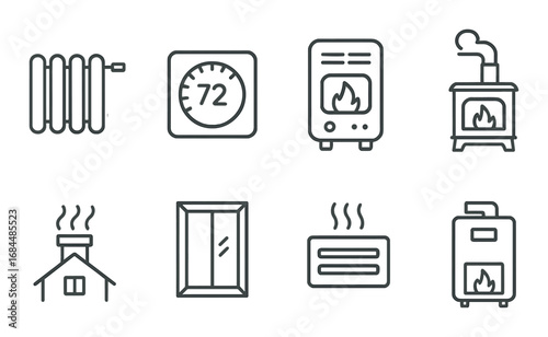 Icons of heating systems and temperature control devices on grayscale background