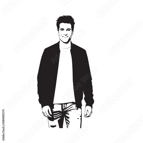 Handsome Man Black and White Illustration Vector Image Male Portrait Fashion Sketch Line Art Design