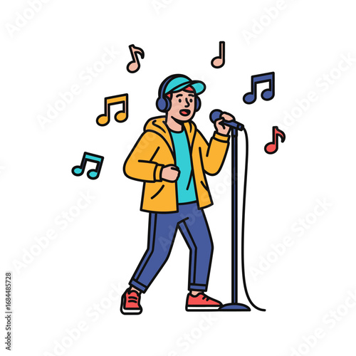 Energetic performer captivating audience with passionate singing and vibrant musical notes