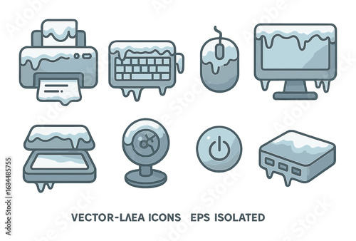 Frozen electronics icons with ice-covered printer keyboard mouse monitor and more