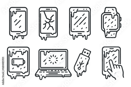 Digital devices with damage icons including smartphones and laptop