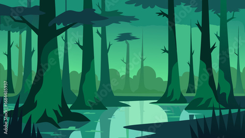 Mysterious Cypress Swamp Nature Vector Graphic Presenting Eerie Wetland Habitat