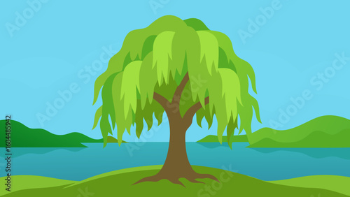 Weeping Willow by a River Nature Vector Art Depicting Peaceful Waterside Scene