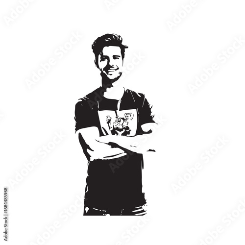 Handsome Man Black and White Illustration Vector Image Male Portrait Fashion Sketch Line Art Design