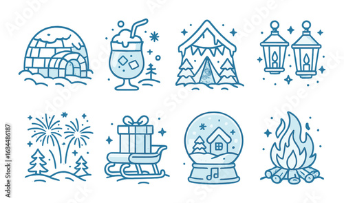 Winter holiday icons: igloo, hot drink, tent, lanterns, fireworks, sled, snow globe, campfire