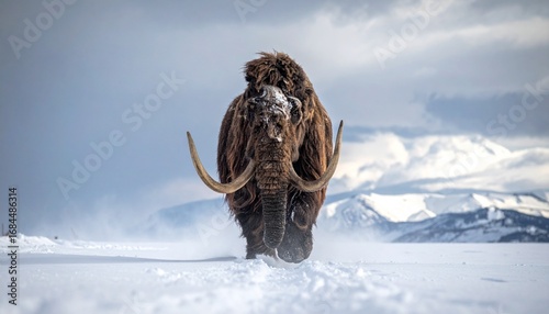 A massive woolly mammoth walking through a snowy tundra, captured from a low-angle shot with a dramatic cloudy sky.