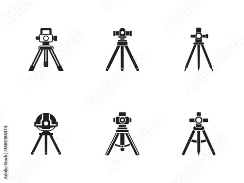 Set of Silhouette Surveying Instruments for Measurement and Land Surveying Black and White Illustration on White Background for Engineering and Construction Projects